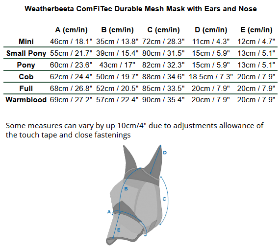 2025 Weatherbeeta ComFiTec Durable MM Ears Nose  Größentabelle